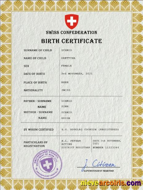 Switzerland vital record birth certificate